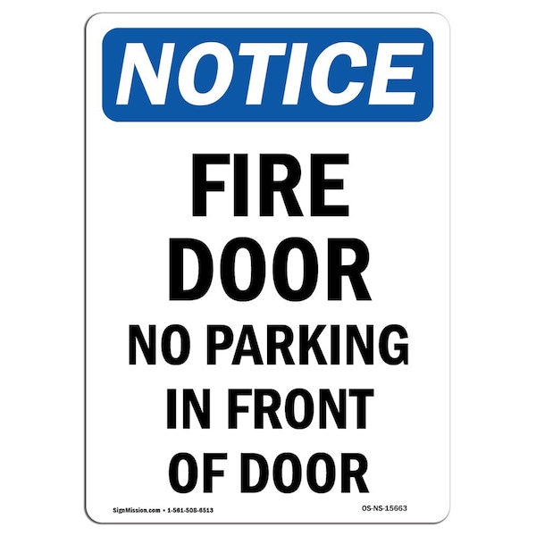 OSHA Sign, Fire Door No Parking In Front Door, 5in X 3.5in, 10PK, 3.5" W, 5" L, Portrait, PK10